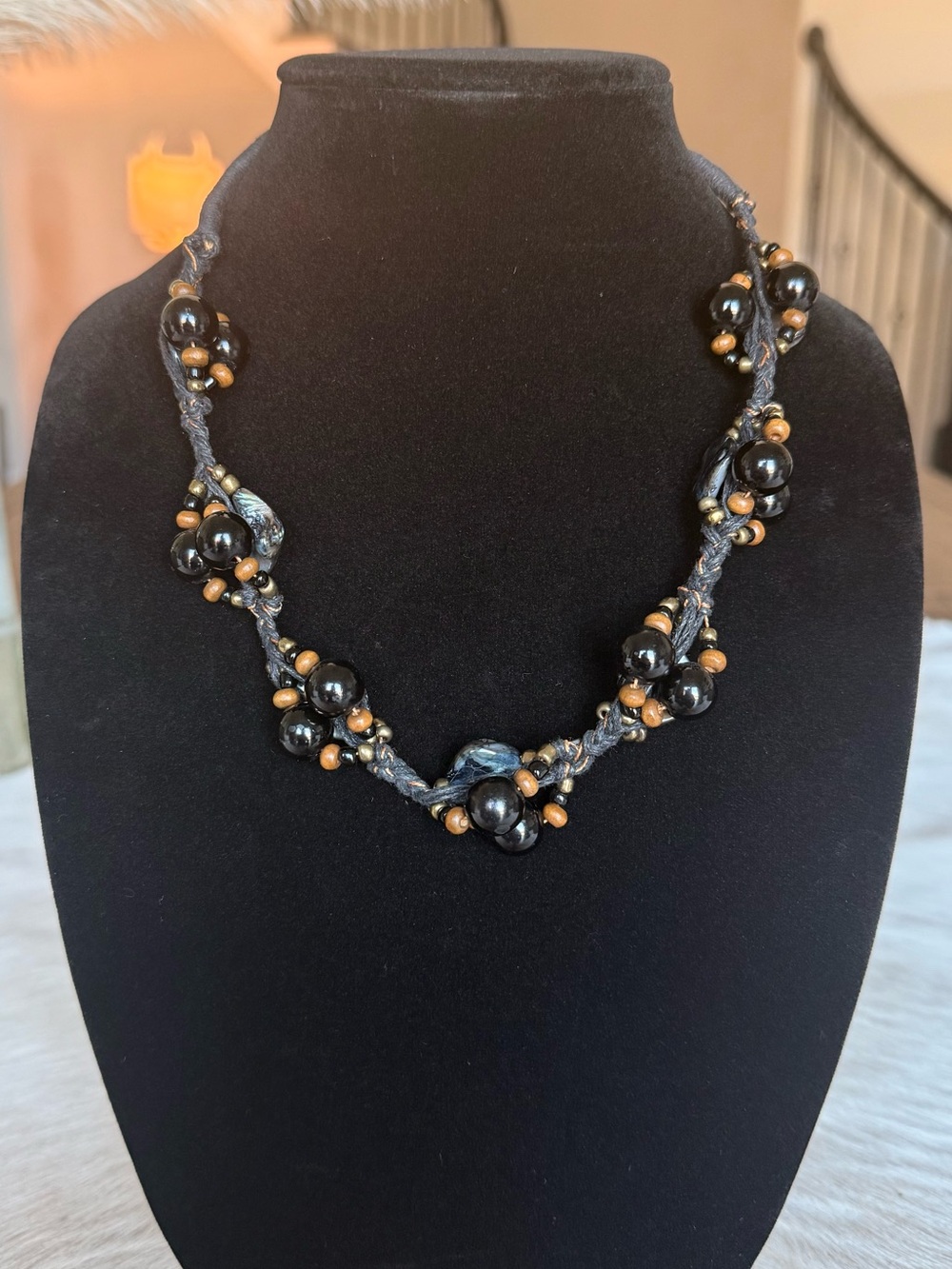 Braided Black Bead Necklace with Gold Accents